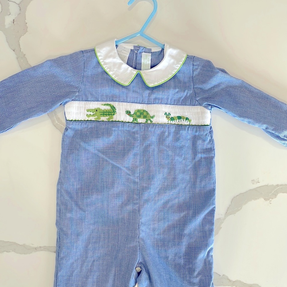 12 months baby boy boutique brand Vive la Fete smocked longall, romper